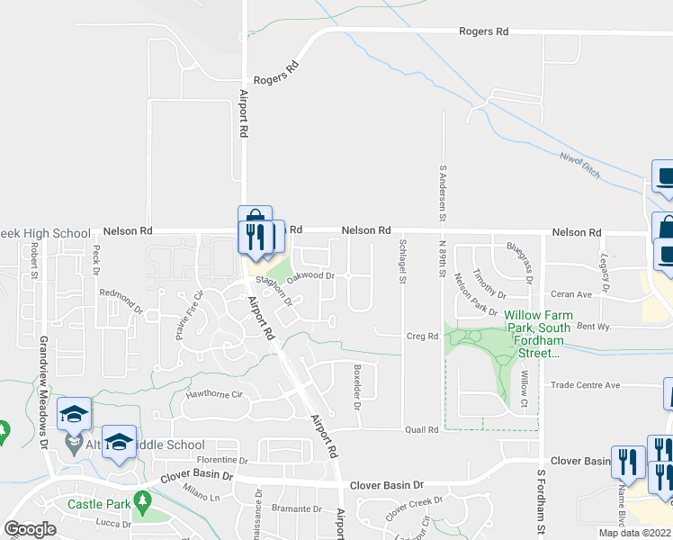 map of restaurants, bars, coffee shops, grocery stores, and more near 718 Boxwood Lane in Longmont