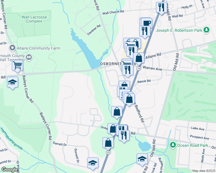 map of restaurants, bars, coffee shops, grocery stores, and more near 56 South Manor Court in Monmouth County