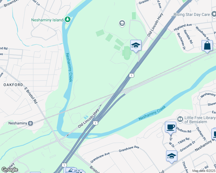 map of restaurants, bars, coffee shops, grocery stores, and more near 2147 Old Lincoln Highway in Langhorne