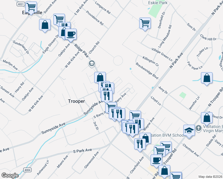 map of restaurants, bars, coffee shops, grocery stores, and more near 2901 West Main Street in Eagleville