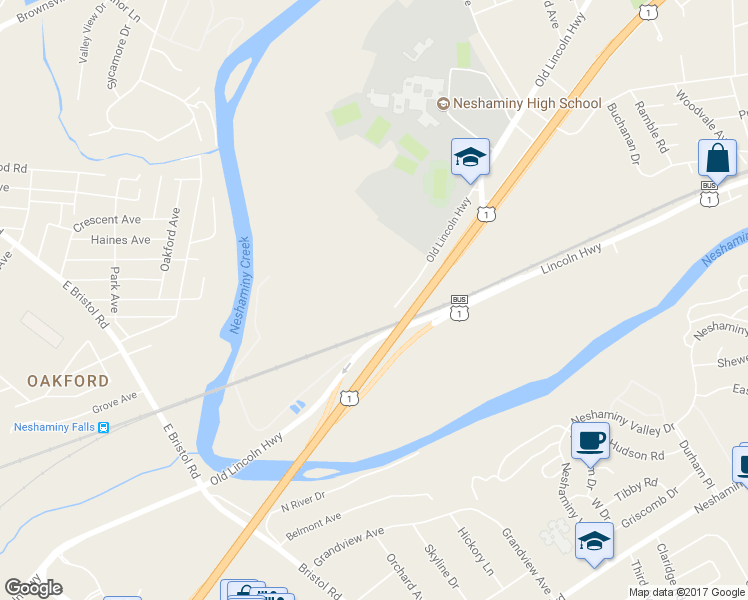 map of restaurants, bars, coffee shops, grocery stores, and more near 2147 Old Lincoln Highway in Langhorne