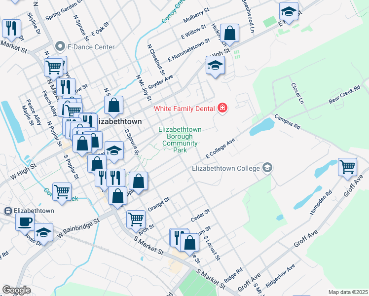 map of restaurants, bars, coffee shops, grocery stores, and more near 308 South Mount Joy Street in Elizabethtown