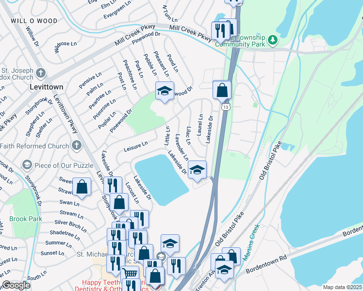 map of restaurants, bars, coffee shops, grocery stores, and more near 42 Lavender Lane in Levittown