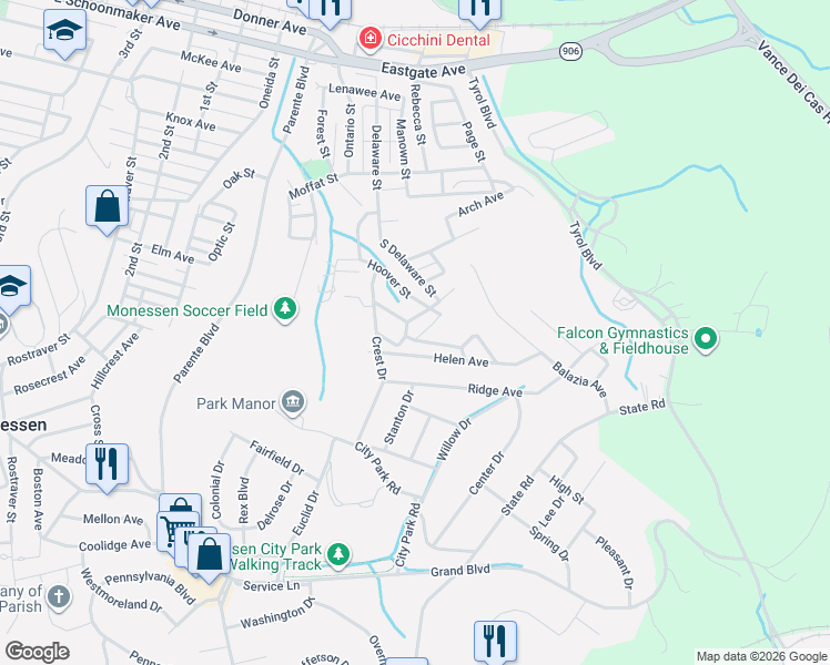 map of restaurants, bars, coffee shops, grocery stores, and more near 338 Helen Avenue in Monessen