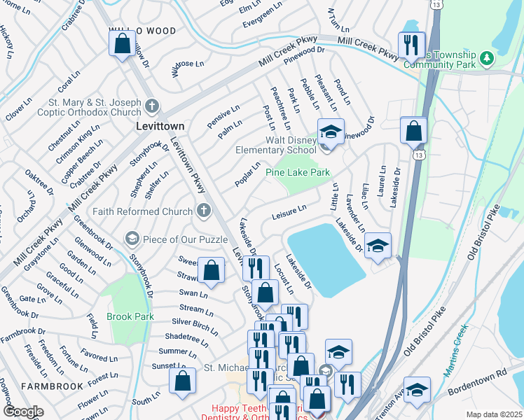 map of restaurants, bars, coffee shops, grocery stores, and more near 112 Lakeside Drive in Levittown
