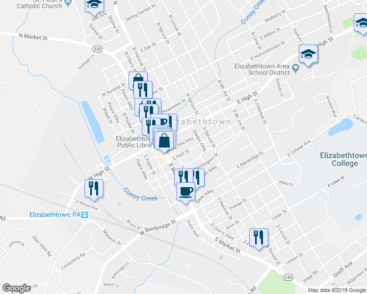 map of restaurants, bars, coffee shops, grocery stores, and more near 57 East Park Street in Elizabethtown
