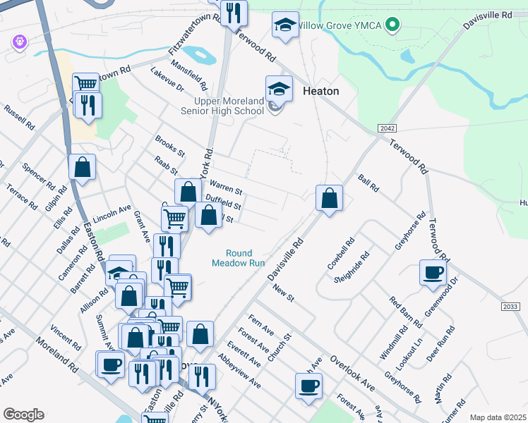 map of restaurants, bars, coffee shops, grocery stores, and more near 173 Duffield Street in Willow Grove