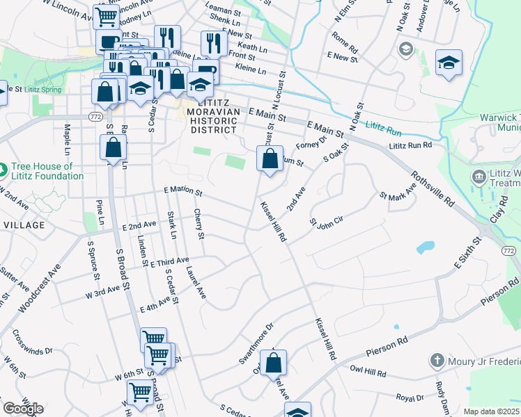 map of restaurants, bars, coffee shops, grocery stores, and more near 301 South Locust Street in Lititz
