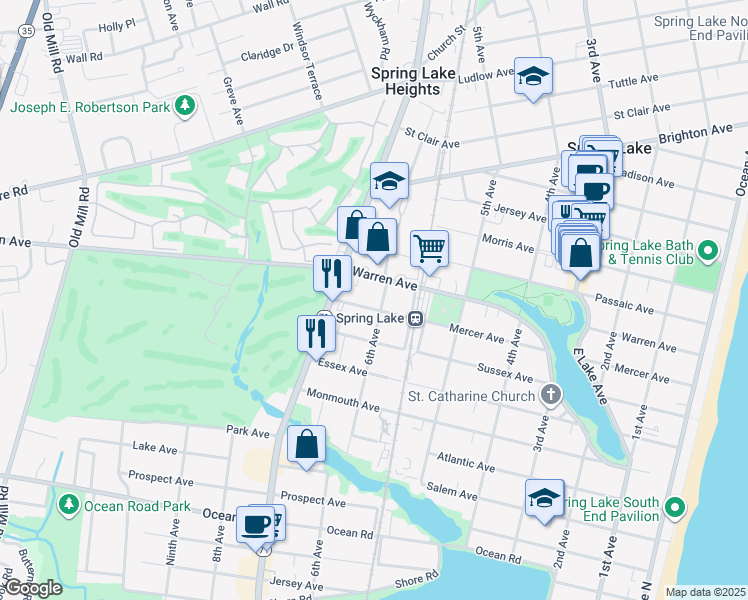 map of restaurants, bars, coffee shops, grocery stores, and more near 565 Mercer Avenue in Spring Lake