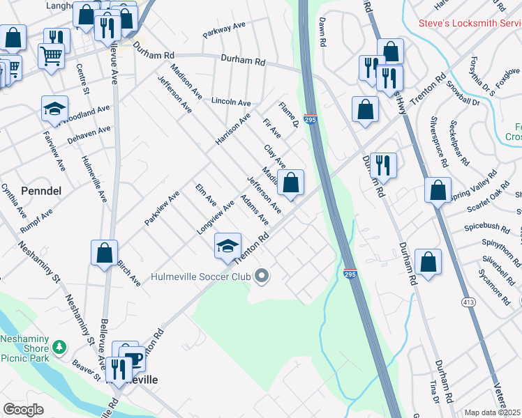 map of restaurants, bars, coffee shops, grocery stores, and more near 901 Adams Avenue in Langhorne