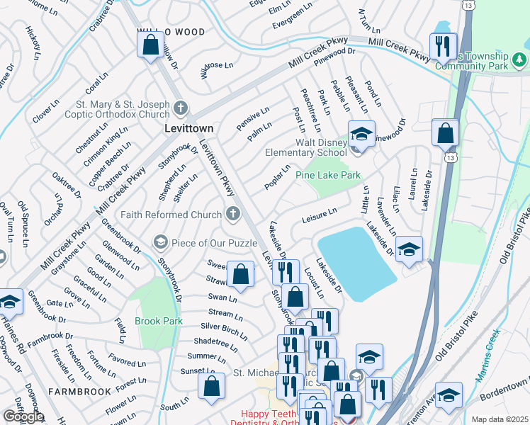 map of restaurants, bars, coffee shops, grocery stores, and more near 2 Pinewood Drive in Levittown