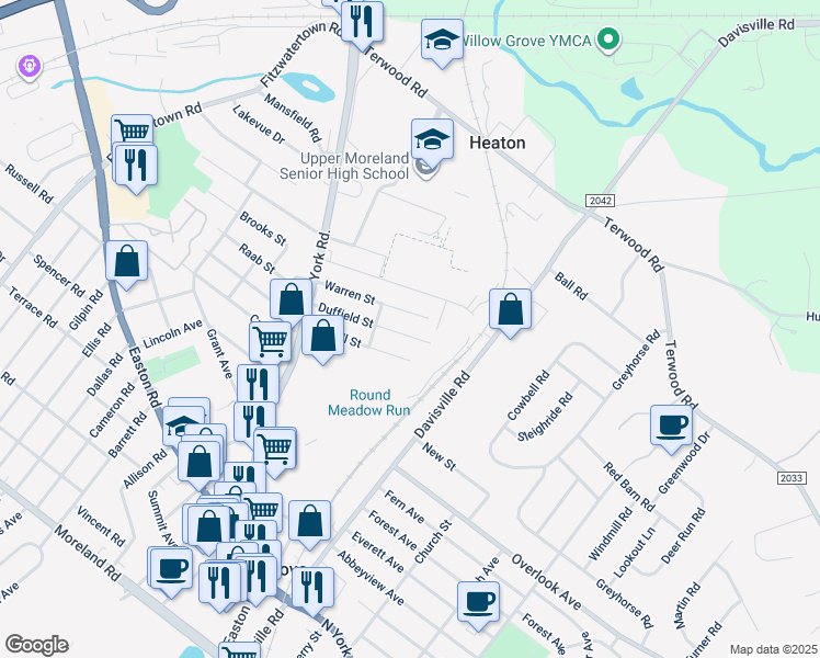 map of restaurants, bars, coffee shops, grocery stores, and more near 173 Duffield Street in Willow Grove