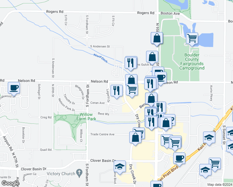 map of restaurants, bars, coffee shops, grocery stores, and more near 2801-2857 Ceran Ave in Longmont
