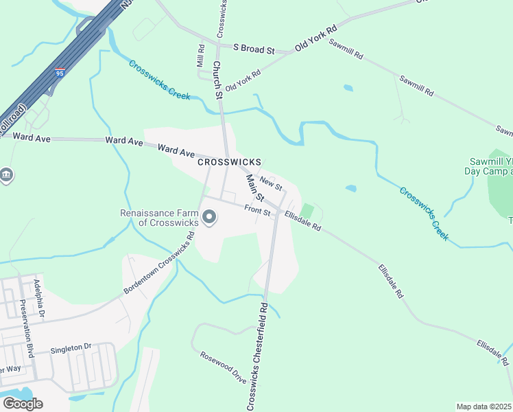 map of restaurants, bars, coffee shops, grocery stores, and more near 34 Front Street in Crosswicks