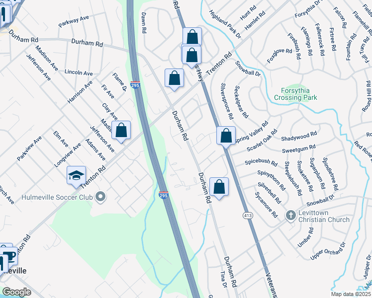 map of restaurants, bars, coffee shops, grocery stores, and more near 1265 Durham Road in Langhorne