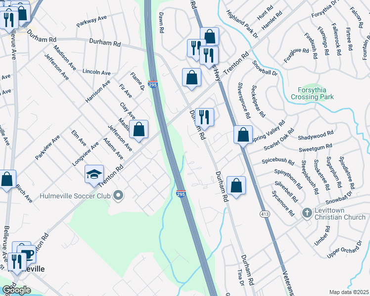 map of restaurants, bars, coffee shops, grocery stores, and more near 114 Hollybrooke Drive in Langhorne
