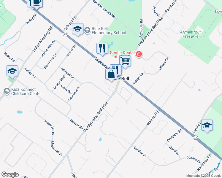 map of restaurants, bars, coffee shops, grocery stores, and more near 1 Highgate Lane in Blue Bell