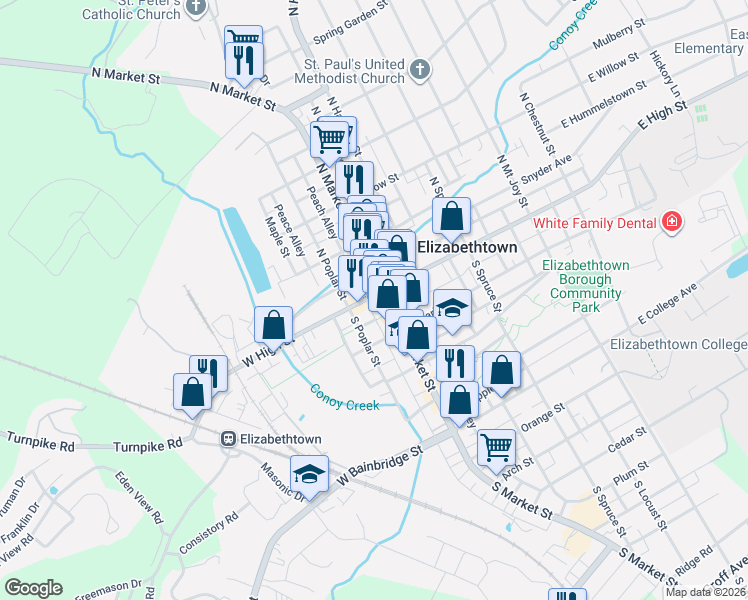 map of restaurants, bars, coffee shops, grocery stores, and more near 30 West High Street in Elizabethtown