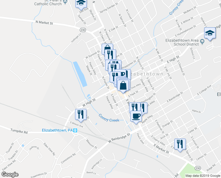map of restaurants, bars, coffee shops, grocery stores, and more near 122 West High Street in Elizabethtown