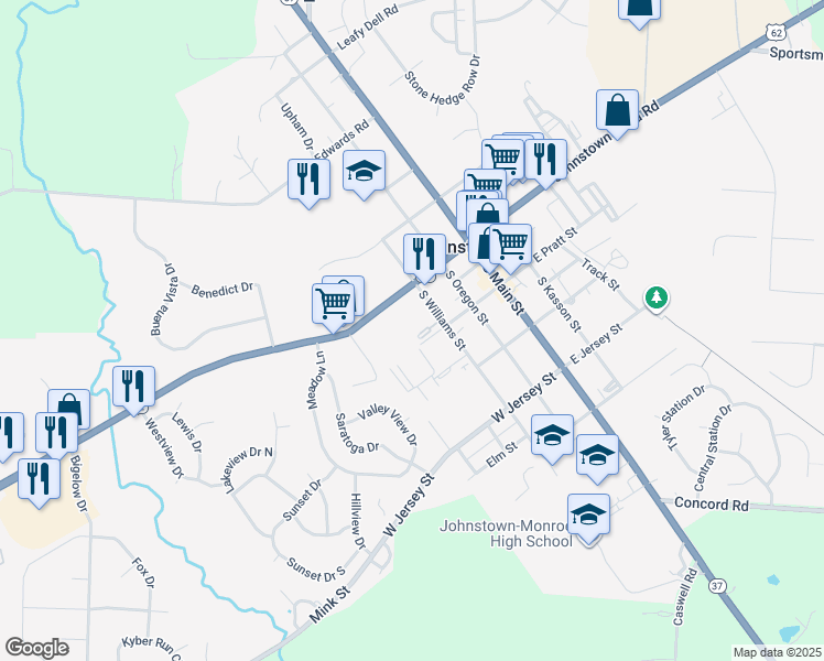 map of restaurants, bars, coffee shops, grocery stores, and more near 212 West Pratt Street in Johnstown