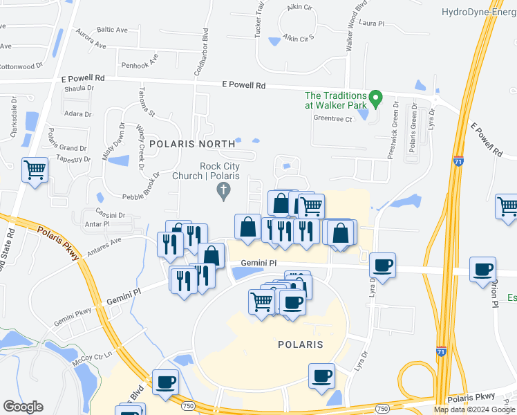 map of restaurants, bars, coffee shops, grocery stores, and more near 8968 Cobalt Moon Crossing in Columbus