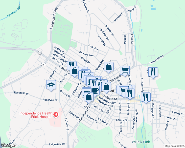map of restaurants, bars, coffee shops, grocery stores, and more near 25 West Vine Street in Mount Pleasant