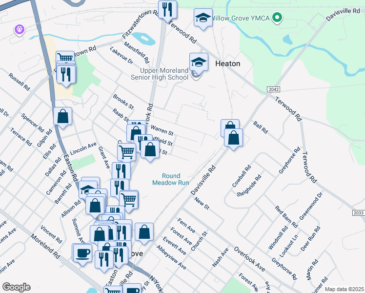 map of restaurants, bars, coffee shops, grocery stores, and more near 185 Duffield Street in Willow Grove