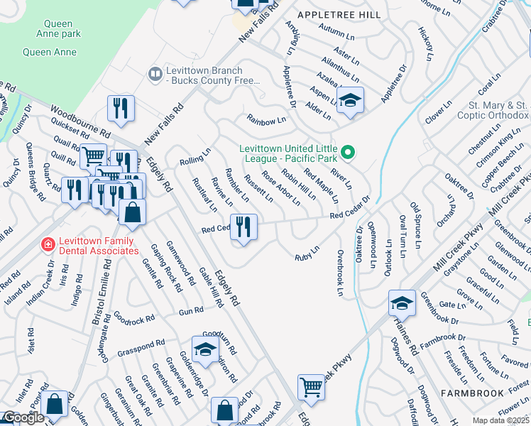 map of restaurants, bars, coffee shops, grocery stores, and more near 6 Rambler Lane in Levittown