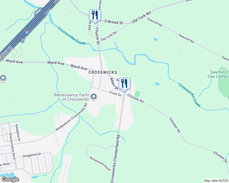 map of restaurants, bars, coffee shops, grocery stores, and more near 34 Front Street in Crosswicks