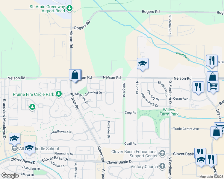 map of restaurants, bars, coffee shops, grocery stores, and more near 659 Stonebridge Drive in Longmont