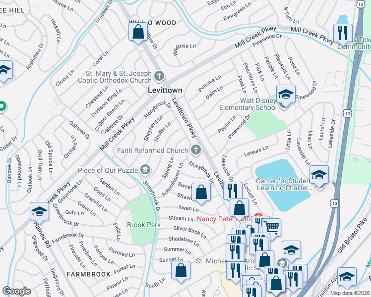 map of restaurants, bars, coffee shops, grocery stores, and more near 53 Schoolhouse Lane in Levittown
