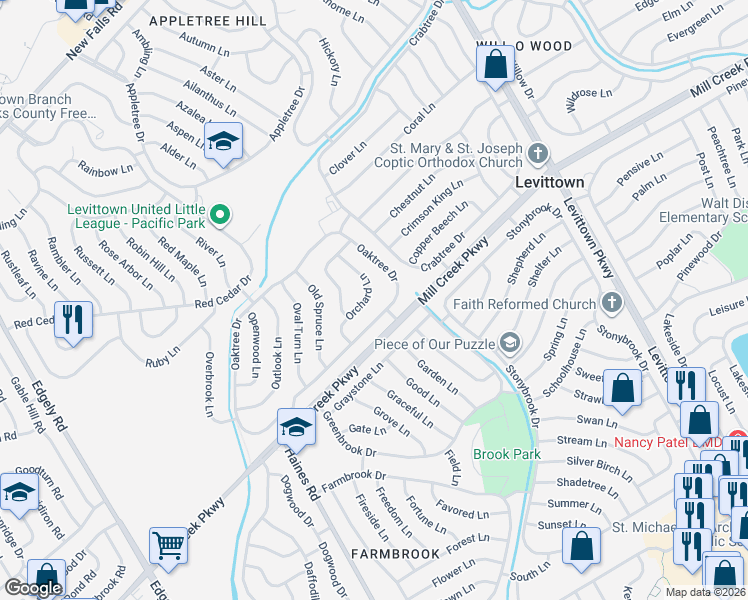 map of restaurants, bars, coffee shops, grocery stores, and more near 69 Oaktree Drive in Levittown