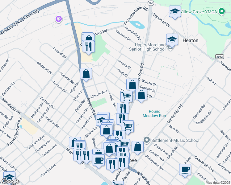 map of restaurants, bars, coffee shops, grocery stores, and more near 521 Grant Avenue in Willow Grove