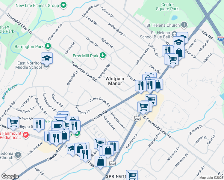 map of restaurants, bars, coffee shops, grocery stores, and more near 109 Township Line Road in Eagleville