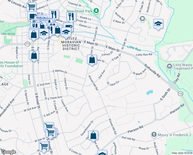 map of restaurants, bars, coffee shops, grocery stores, and more near 151 South Oak Street in Lititz