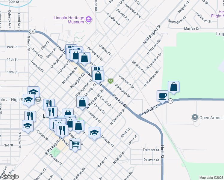 map of restaurants, bars, coffee shops, grocery stores, and more near 617 North McLean Street in Lincoln