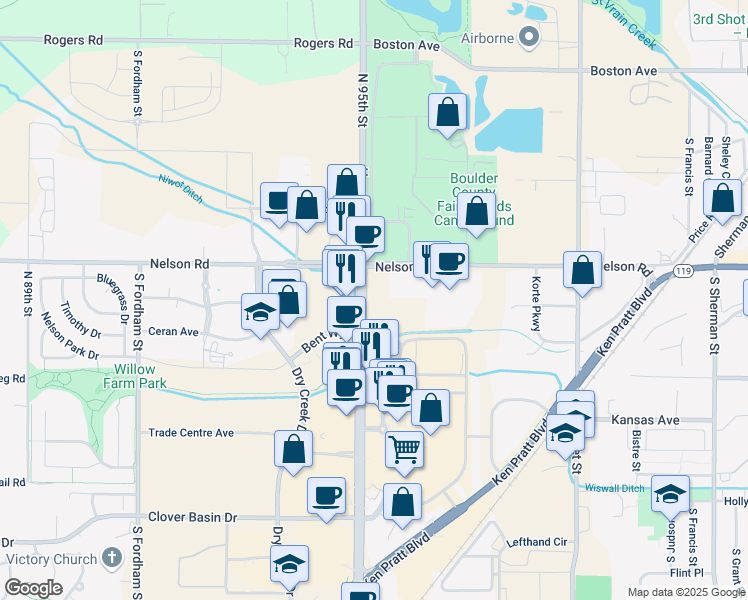 map of restaurants, bars, coffee shops, grocery stores, and more near 920 South Hover Street in Longmont