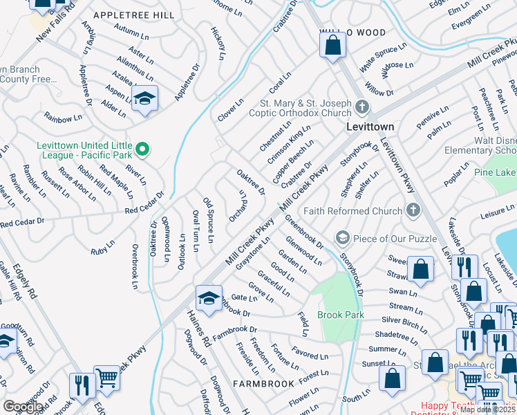 map of restaurants, bars, coffee shops, grocery stores, and more near 87 Oaktree Drive in Levittown