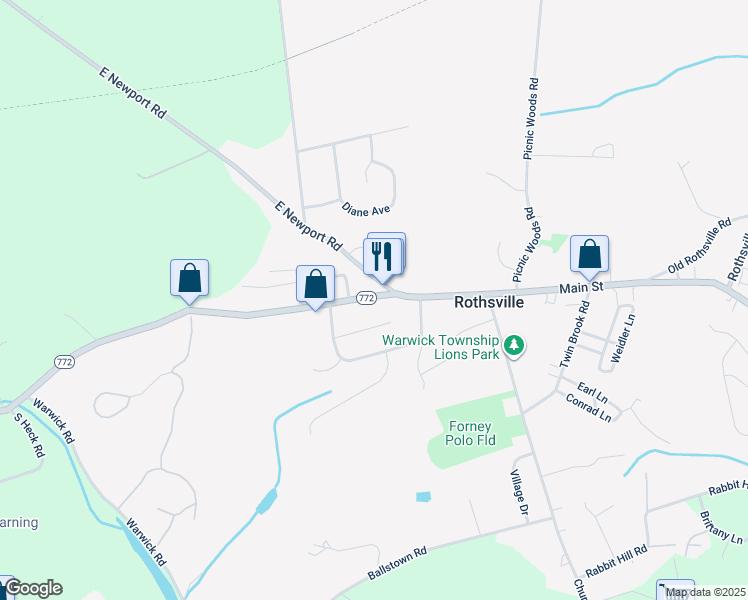 map of restaurants, bars, coffee shops, grocery stores, and more near 1640 Rothsville Road in Lititz