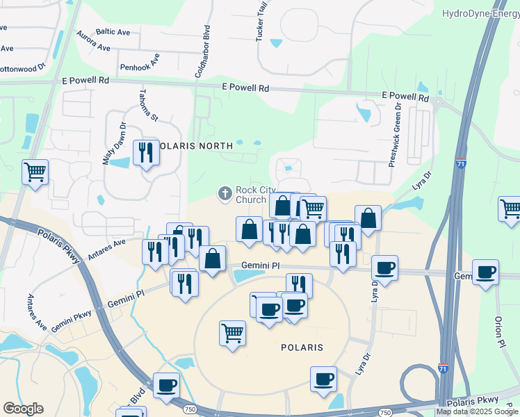 map of restaurants, bars, coffee shops, grocery stores, and more near 9094 Cobalt Moon Crossing in Columbus