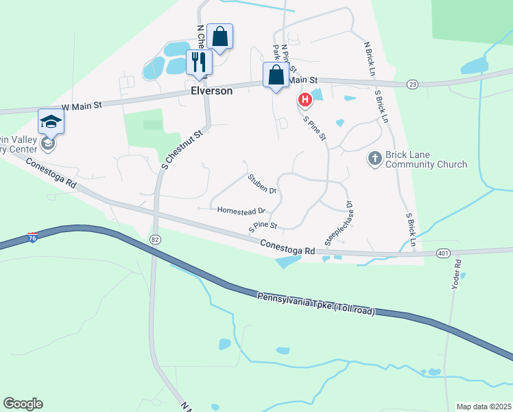 map of restaurants, bars, coffee shops, grocery stores, and more near 405 Stuben Drive in Elverson