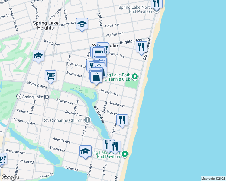 map of restaurants, bars, coffee shops, grocery stores, and more near 200 Morris Avenue in Spring Lake