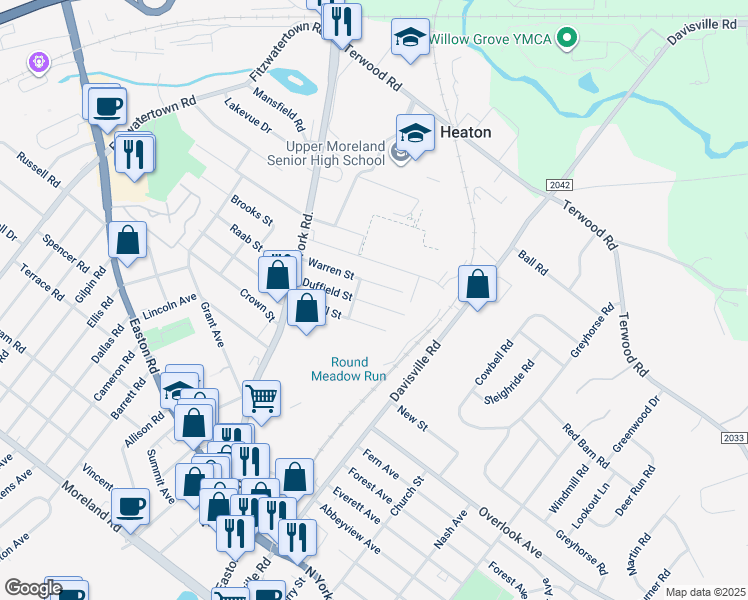 map of restaurants, bars, coffee shops, grocery stores, and more near 185 Duffield Street in Willow Grove