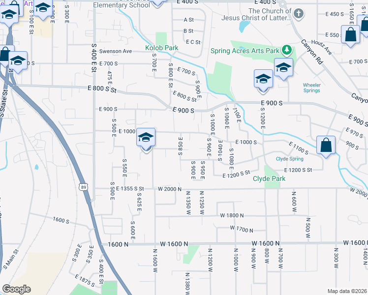 map of restaurants, bars, coffee shops, grocery stores, and more near 1055 South 850 East in Springville