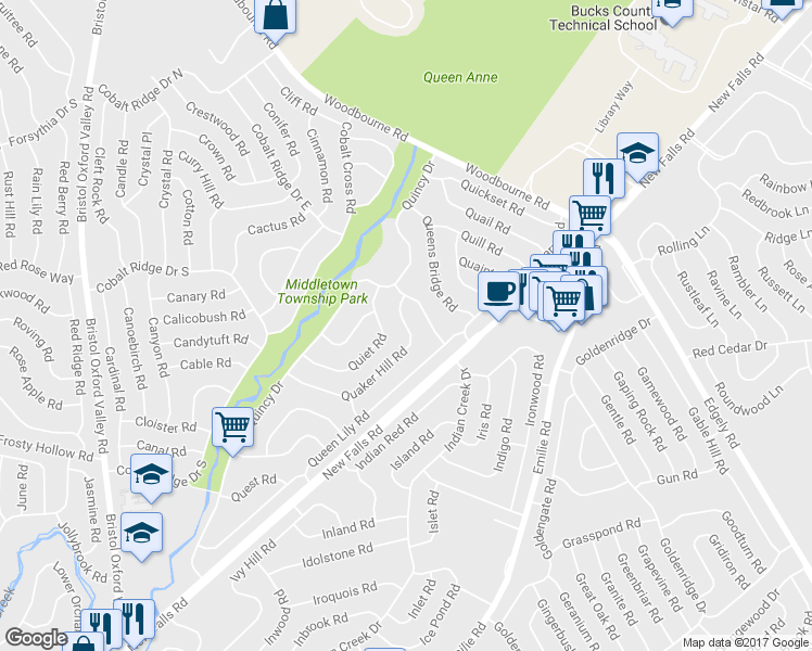 map of restaurants, bars, coffee shops, grocery stores, and more near 109 Quaker Hill Road in Levittown