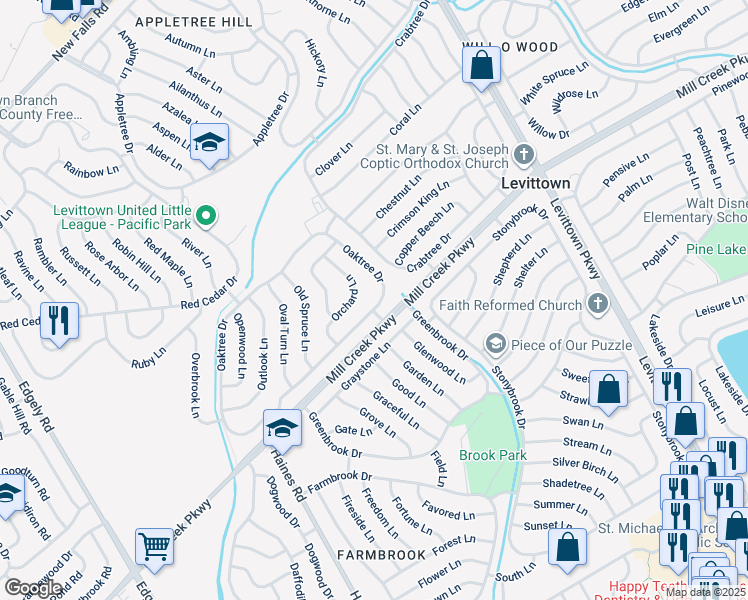 map of restaurants, bars, coffee shops, grocery stores, and more near 87 Oaktree Drive in Levittown