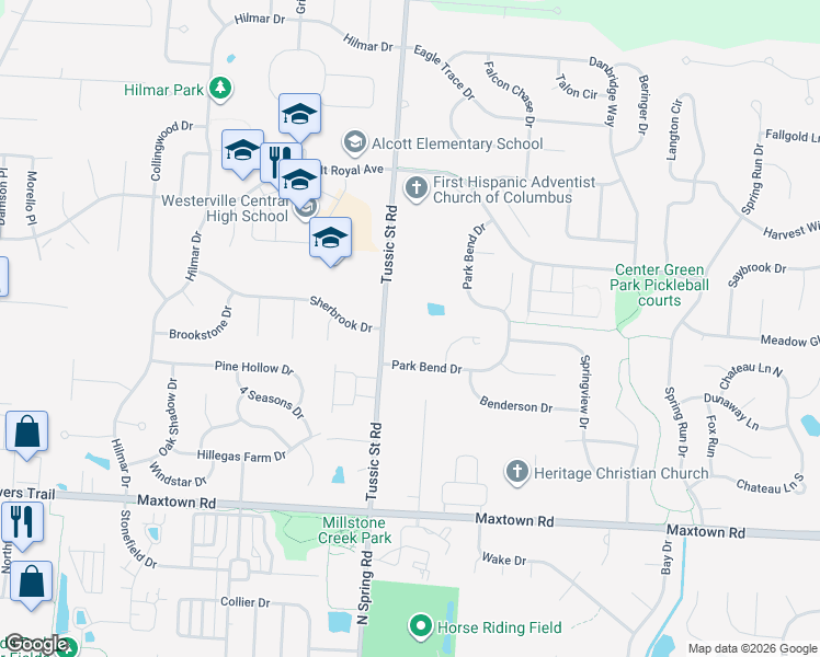 map of restaurants, bars, coffee shops, grocery stores, and more near 6645 Tussic Street Road in Westerville