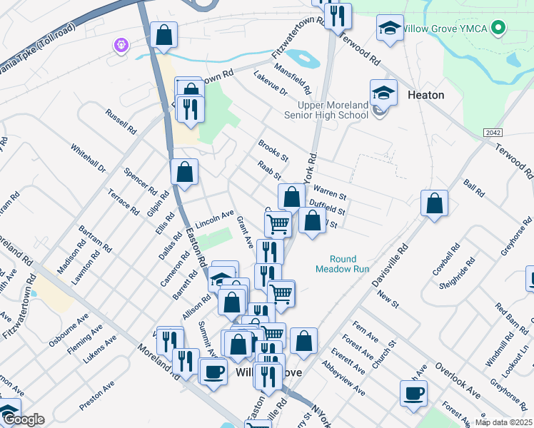map of restaurants, bars, coffee shops, grocery stores, and more near 502 Crown Street in Willow Grove