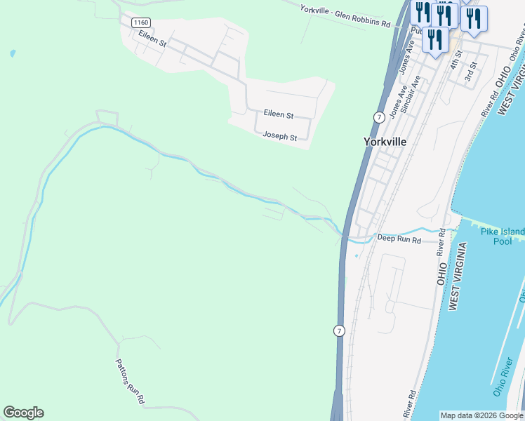 map of restaurants, bars, coffee shops, grocery stores, and more near 58575 Deep Run Road in Martins Ferry