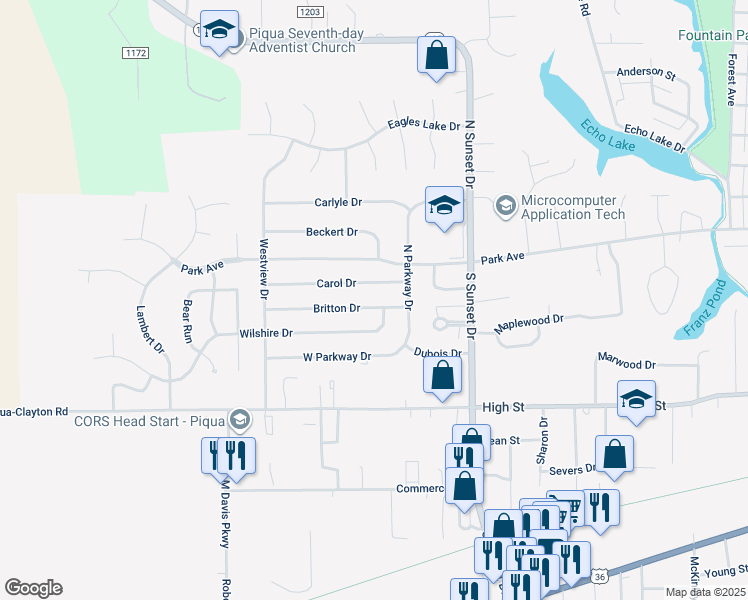 map of restaurants, bars, coffee shops, grocery stores, and more near 1804 Carol Drive in Piqua
